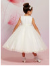 Ivory Satin Tulle Tea Length Curly Hem Flower Girl Dress Wedding Party Dress